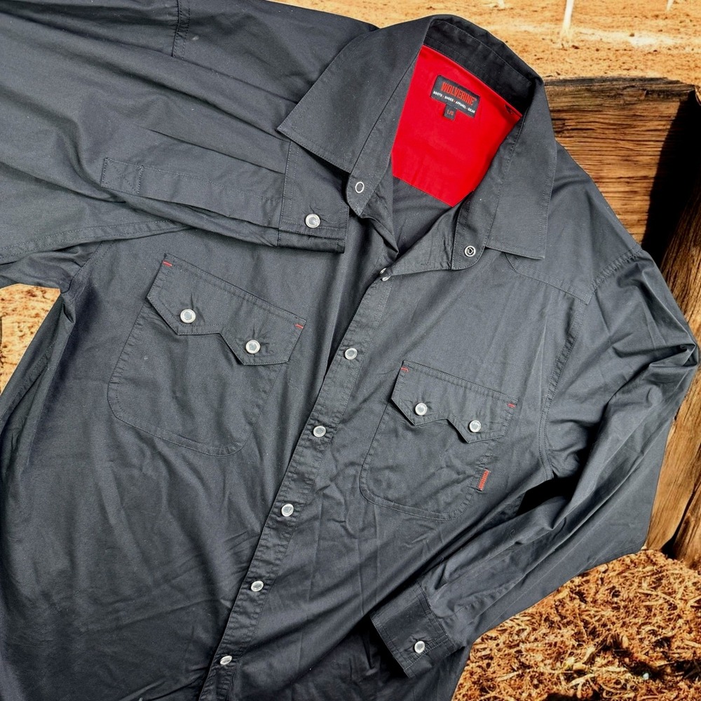 Wolverine‎ Western Shirt Men L Black Snap Button Long Sleeve Workwear Cowboy Top